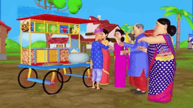 a group of people standing around a cart selling food