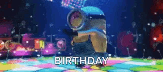 a minion is dancing on a disco floor with the words `` birthday '' written on it .