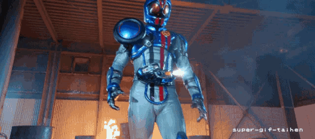 a pixelated image of a superhero with super-gif-taihen written below him