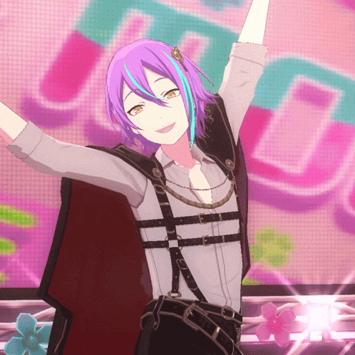 a girl with purple hair and blue streaks in her hair stands with her arms in the air