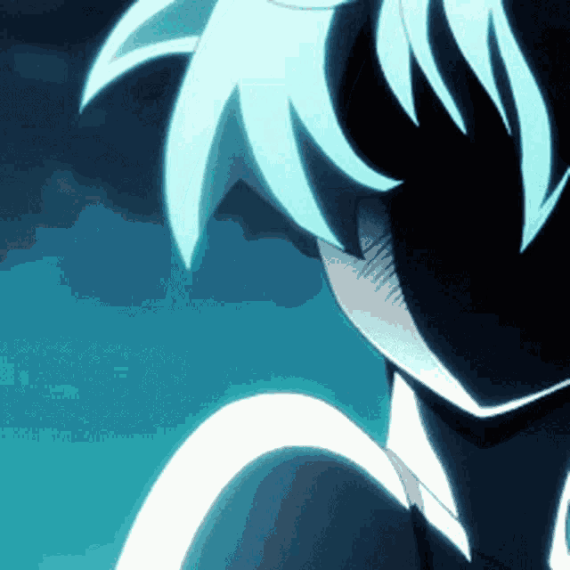 a close up of a blue haired anime character