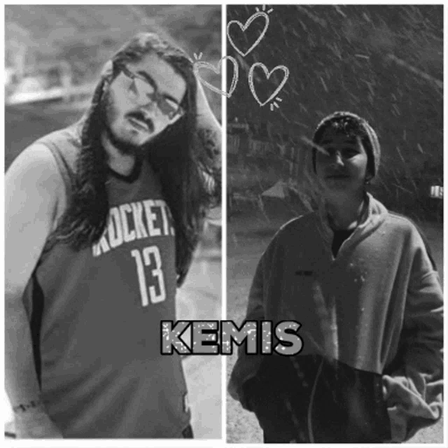 a man in a rockets jersey is next to a man in a kemis sweatshirt