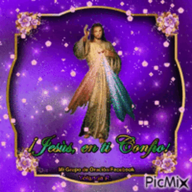 a picture of jesus on a purple background with flowers and the words jesus en tu confo
