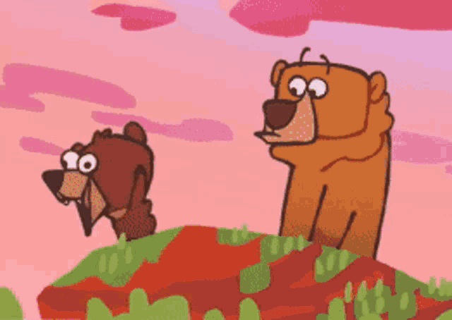 a cartoon of a bear holding a gun and another bear looking at it