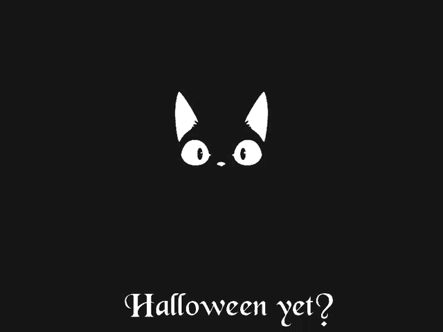a black cat with white eyes and the words halloween yet written below it