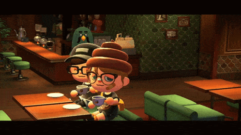 two animal crossing characters are sitting at a table with cups of coffee