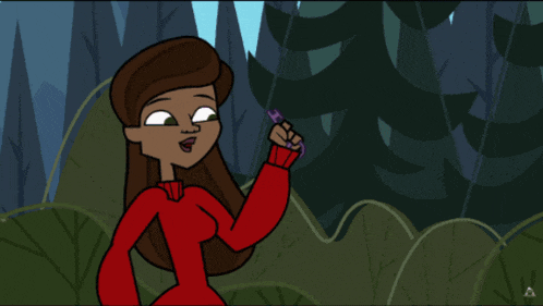 a girl in a red sweater is holding a purple object in her hand