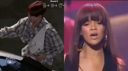 a man playing drums next to a woman singing a song