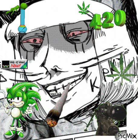 a cartoon drawing of a man smoking a cigarette with the number 420 in green letters