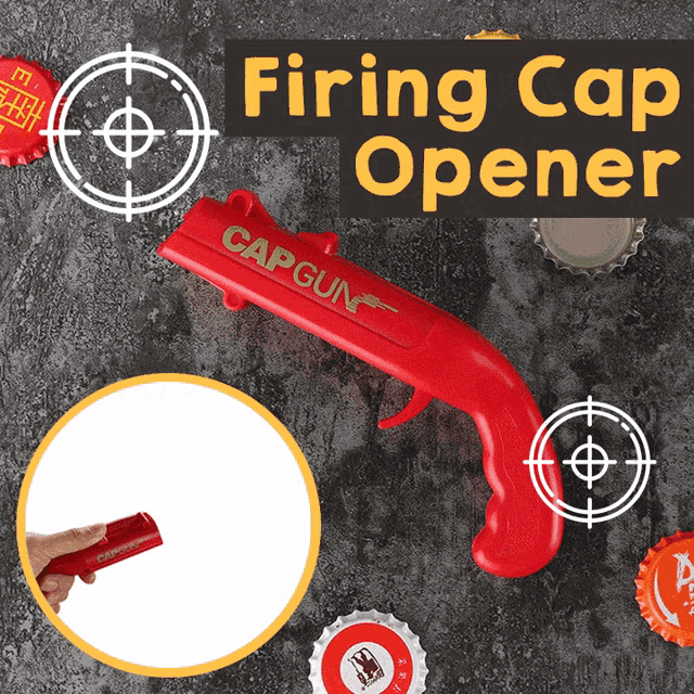 a red cap gun with the words firing cap opener on the top