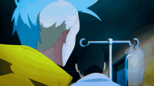a man with blue hair and a yellow jacket looks at another man