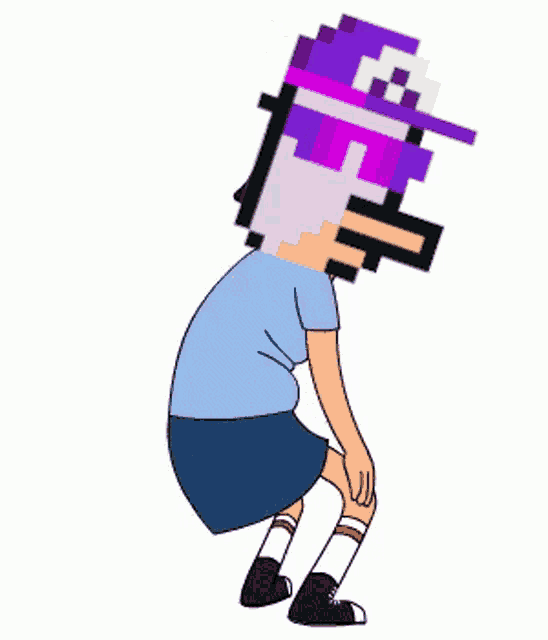 a cartoon character with a purple hat on his head is squatting down