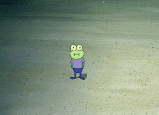 a green frog with big eyes and a purple shirt