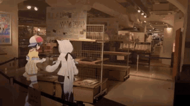 two dolls are standing in a store with a sign that says ' a ' on it