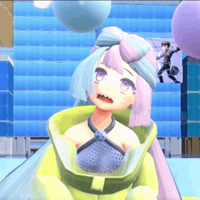a cartoon girl with purple eyes and a bow in her hair