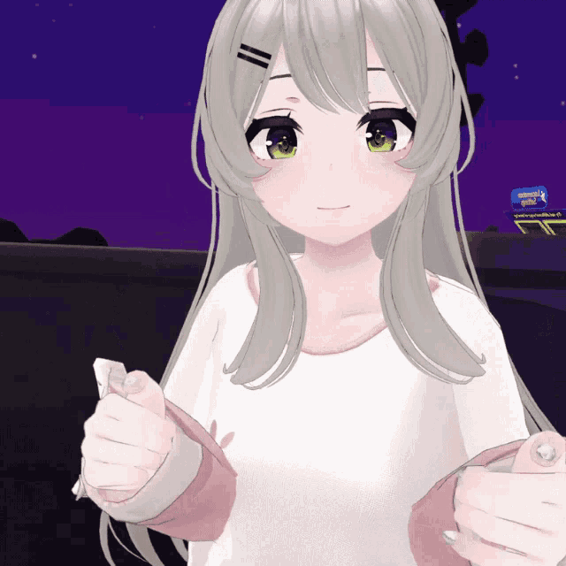 a cartoon girl with long white hair and green eyes stands in front of a burger king