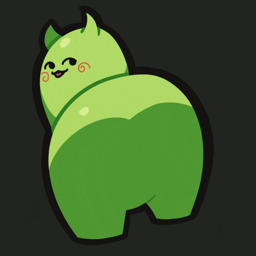 a cartoon drawing of a green monster with horns and a smiley face