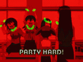 a group of girls are dancing in a classroom and the words party hard are on the bottom