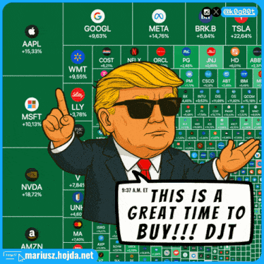 a cartoon of donald trump with a sign that says " this is a great time to buy !! "