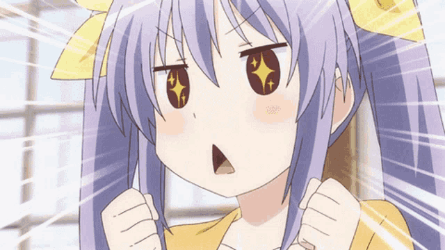 a girl with purple hair and a yellow bow on her head is making a funny face