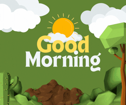 a green background with trees and clouds and the words " good morning "