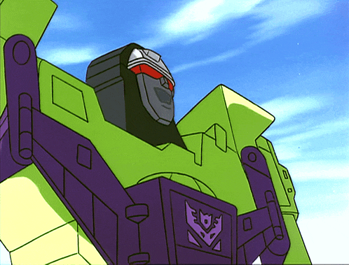 a cartoon drawing of a green and purple robot with a decepticon symbol on its chest