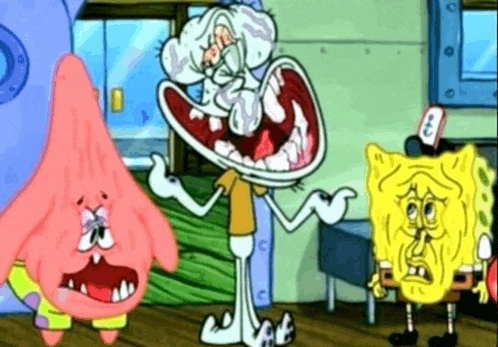 squidward and patrick from spongebob squarepants are standing next to each other in a room .
