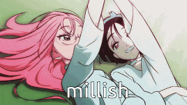 a couple of anime girls laying next to each other with the word millish on the bottom right