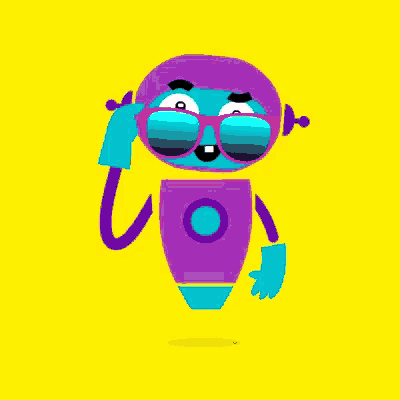 a cartoon character wearing sunglasses and a purple helmet on a yellow background