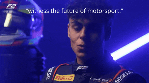 a man in a racing suit with the words " witness the future of motorsport " on the bottom