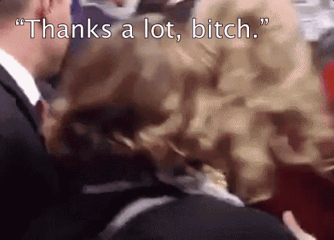 a woman is talking to a man with the words " thanks a lot bitch " written above her