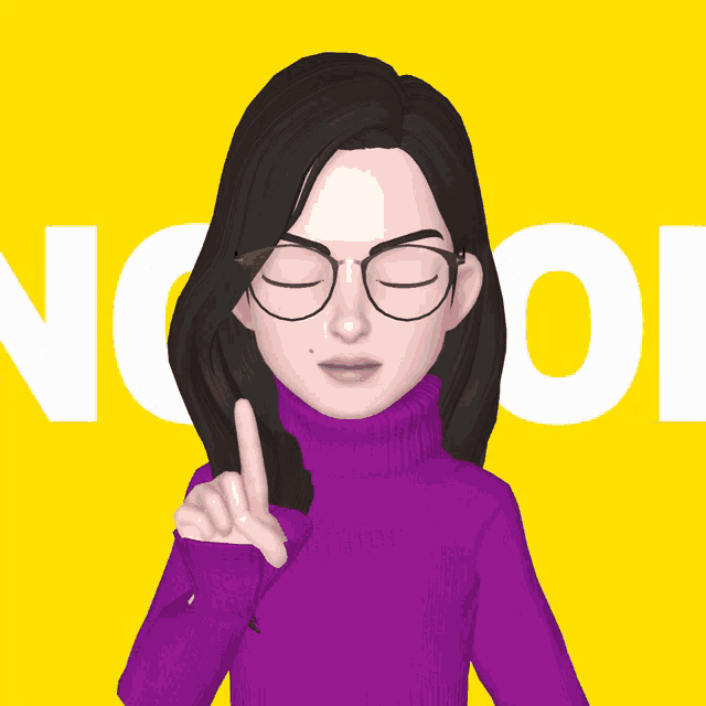 a woman wearing glasses and a purple sweater is standing in front of a yellow background with the letters n and o