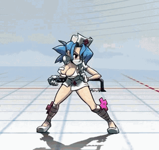 a nurse with blue hair is holding a saw in her hand