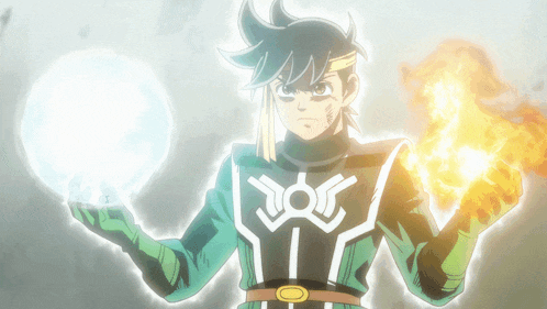 a cartoon character is holding a sphere of water and a sphere of fire