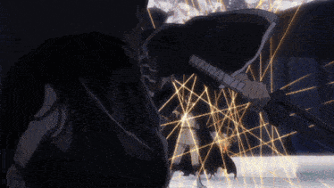 a person holding a sword in a dark room with sparks coming out of them