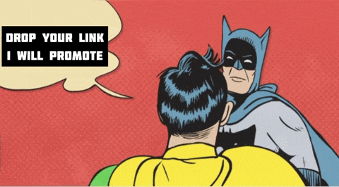 a cartoon of batman and robin with the words drop your link i will promote below them