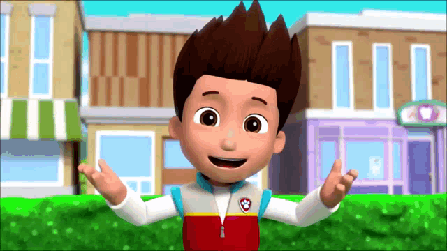 a cartoon character from paw patrol is standing in front of a building