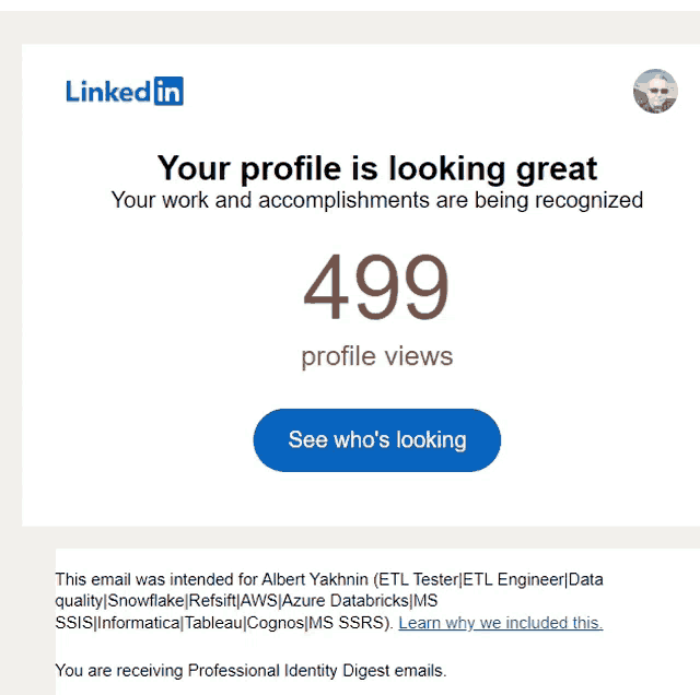 a linkedin email that says your profile is looking great your work and accomplishments are being recognized