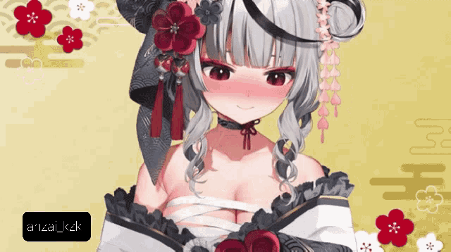 a drawing of a girl with a flower in her hair and the name anzai_k2k on the bottom