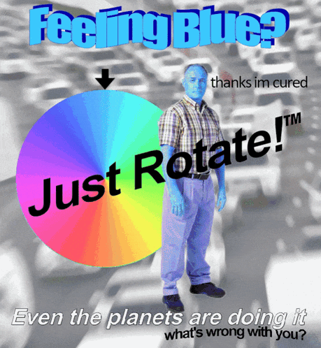 a man with blue skin is standing in front of a rainbow colored circle that says just rotate