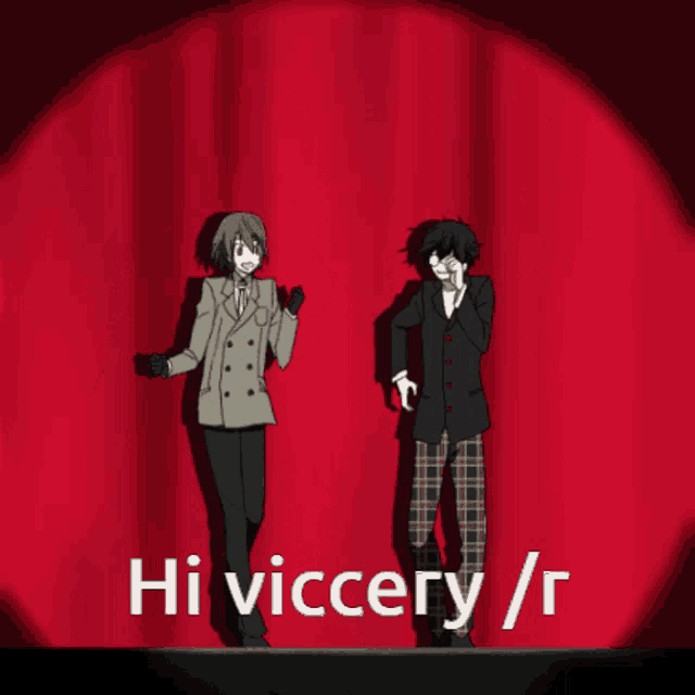 two anime characters are dancing on a stage and the words hi viccery / r are visible