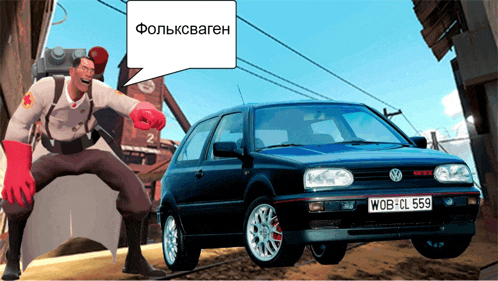 a man standing next to a black volkswagen with a license plate that says wob-ol559