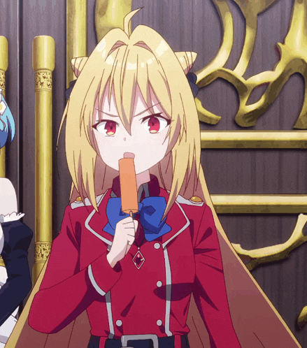 a girl with blonde hair and red eyes is eating a popsicle