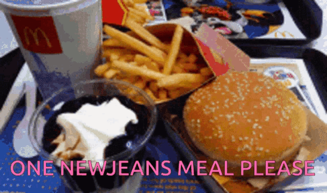 a picture of a mcdonald 's meal with the words one new jeans meal please on the bottom