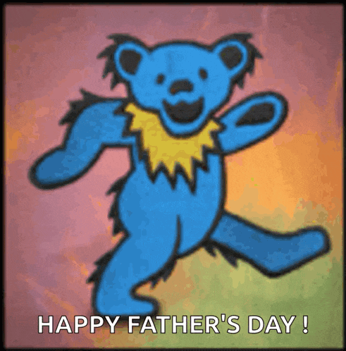 a blue teddy bear dancing with the words happy father 's day written below it