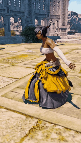 a woman in a yellow and gray dress is standing on a stone floor