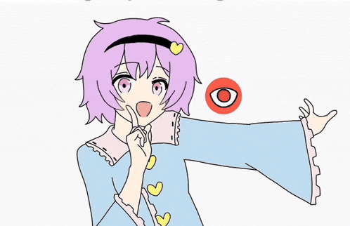 a drawing of a girl with purple hair and hearts on her sleeves