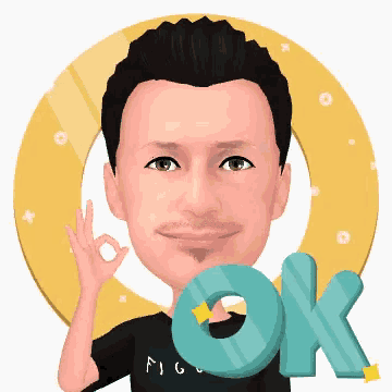 a cartoon of a man giving an ok sign with the word ok behind him