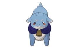 a blue squirrel wearing a scarf and a bell around its neck