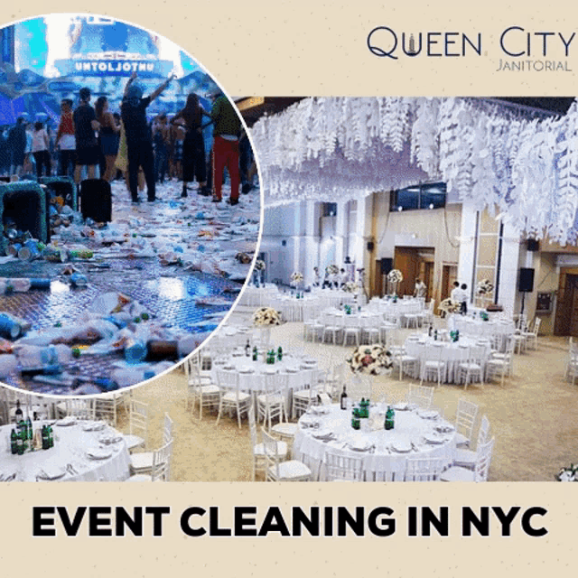 an advertisement for queen city janitorial shows a messy floor and a banquet hall